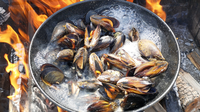 mussels cooking in a pan over a wood fire