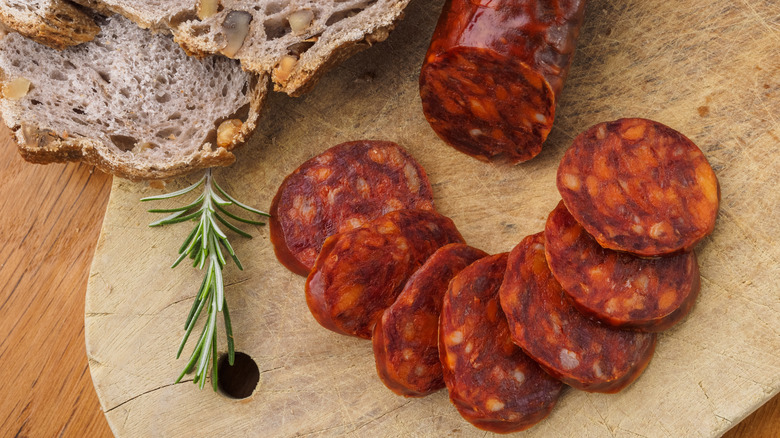Slices of chorizo sausage
