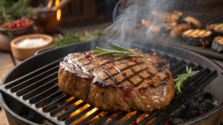 Steak on the grill with rosemary and pink peppercorns
