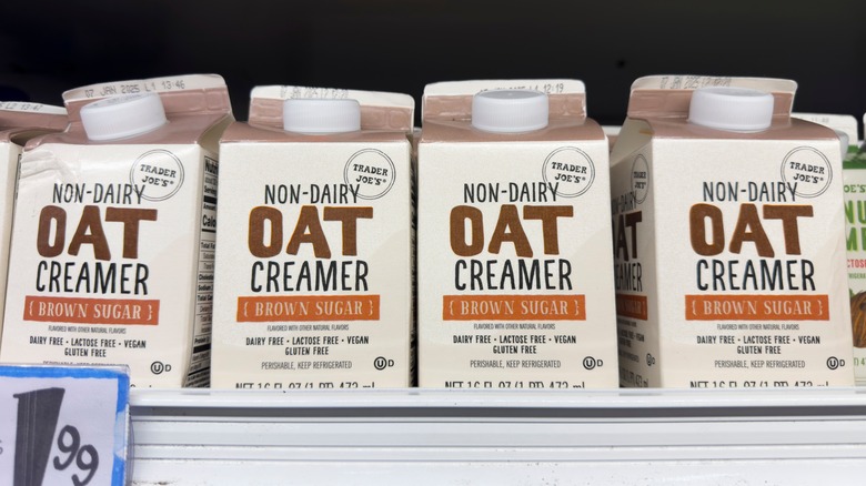 Trader Joe's oat brown sugar creamer cartons stocked on shelf