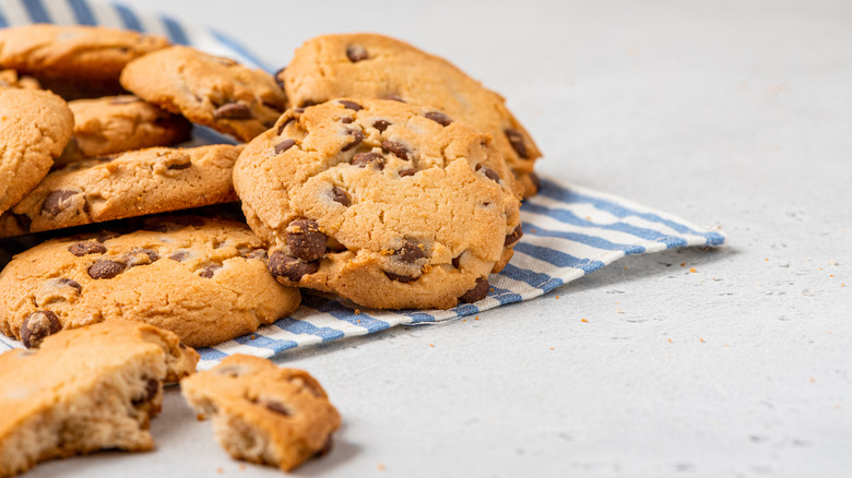 Chocolate chip cookies on tablecloth