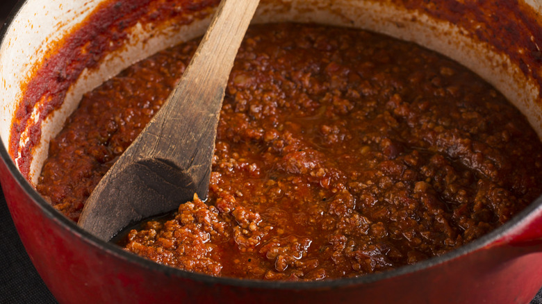 Bolognesee stewing in a Dutch oven
