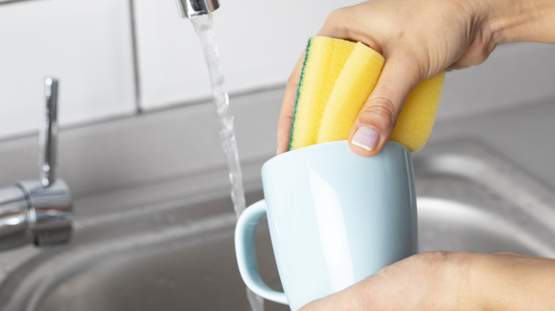 Hands cleaning light blue coffee mug with sponge over metal sink