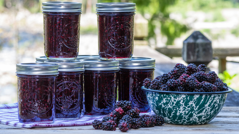 Marionberry bowl jam jars outdoors