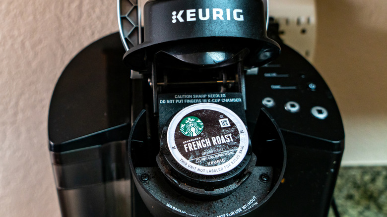 A close up of K Cup pod in a Keurig machine