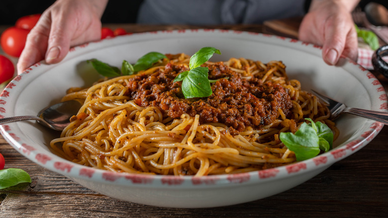 large dish of pasta with meat sauce