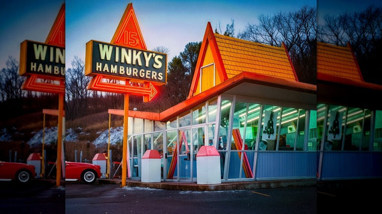 Winky's restaurant lit-up sign and building