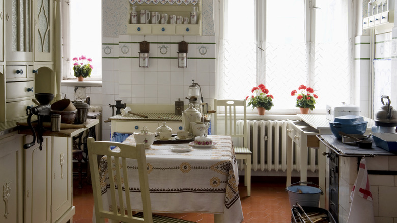 View of light colored vintage kitchen