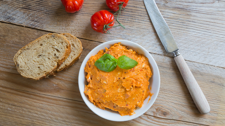 Top view of tomato butter in a bowl