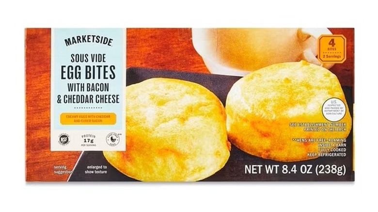 the box of Marketside Sous Vide Egg Bites with Bacon & Cheddar Cheese against a white background