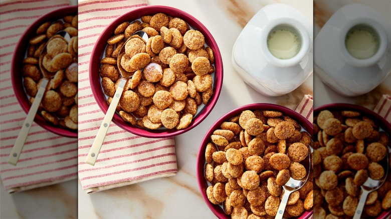 Great Value Snickerdoodle breakfast cereal in pink bowls