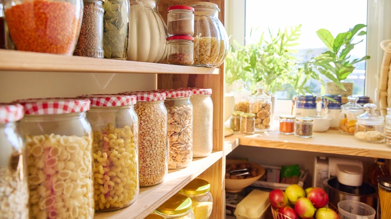 food stored on pantry shelves