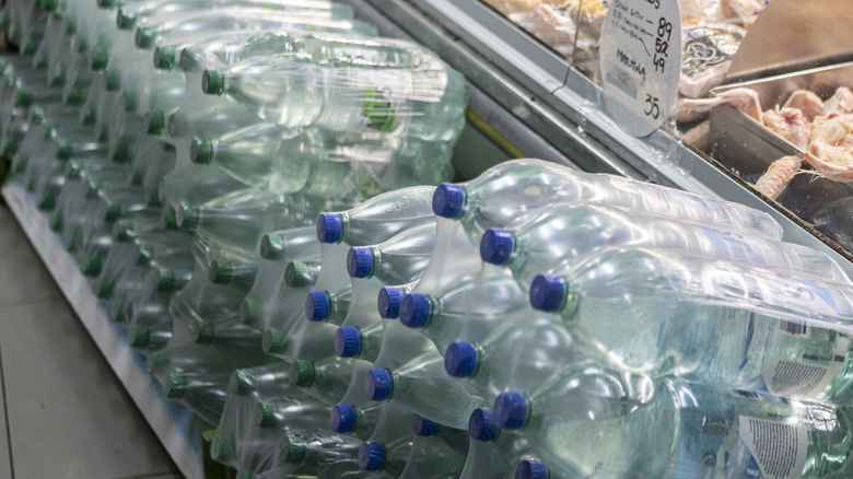 Water bottle packs in supermarket.