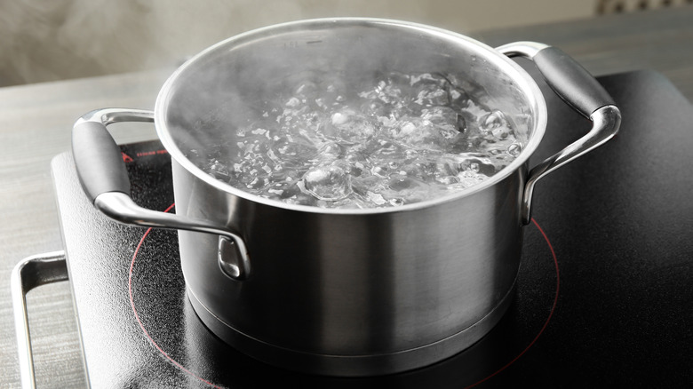 A cooking pot full of water, boiling on a stovetop.