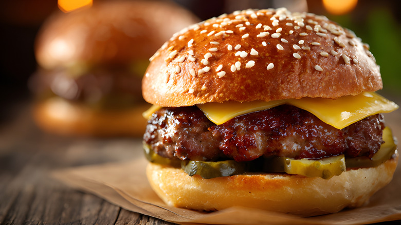Closeup of a juicy artisanal burger on a bun