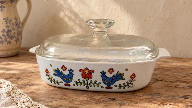 Corningware casserole dish with the Country Festival pattern