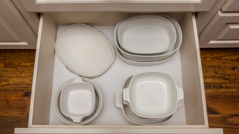Overhead view of baking dishes in drawer