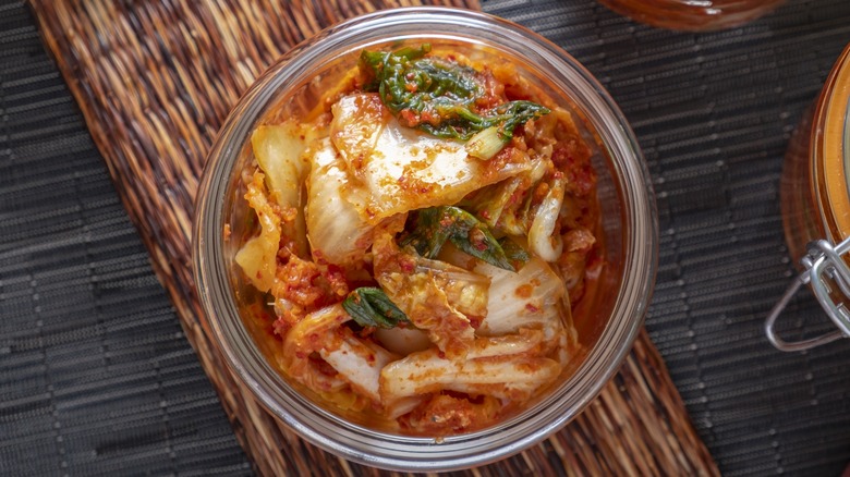 Aerial shot of kimchi in jar