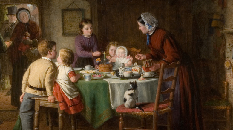 Painting of 19th century family celebrating baby's first birthday with a cake