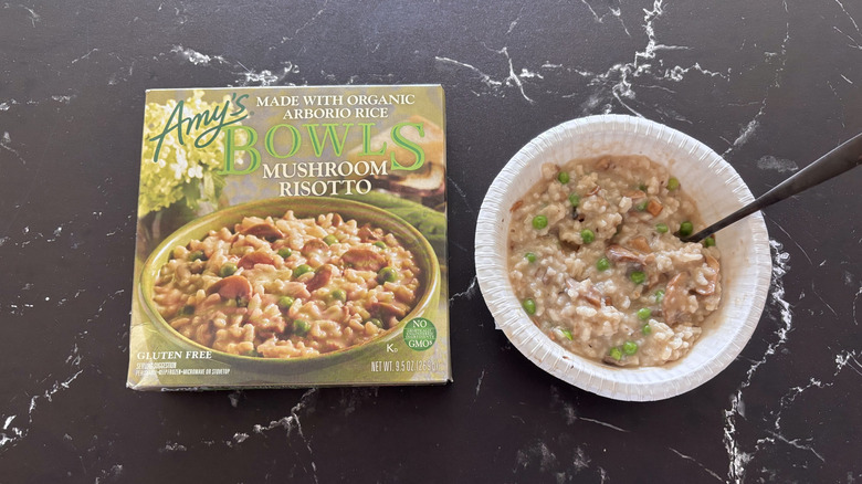 Amy's Mushroom risotto box with a bowl on marble