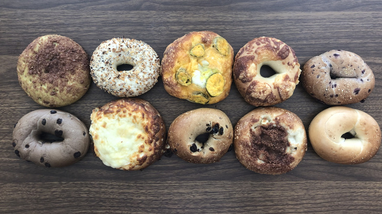 display of bagels in row