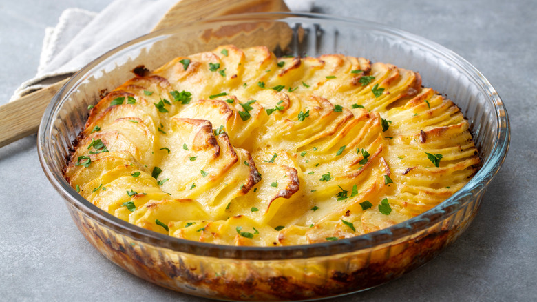 scalloped potatoes in a casserole dish