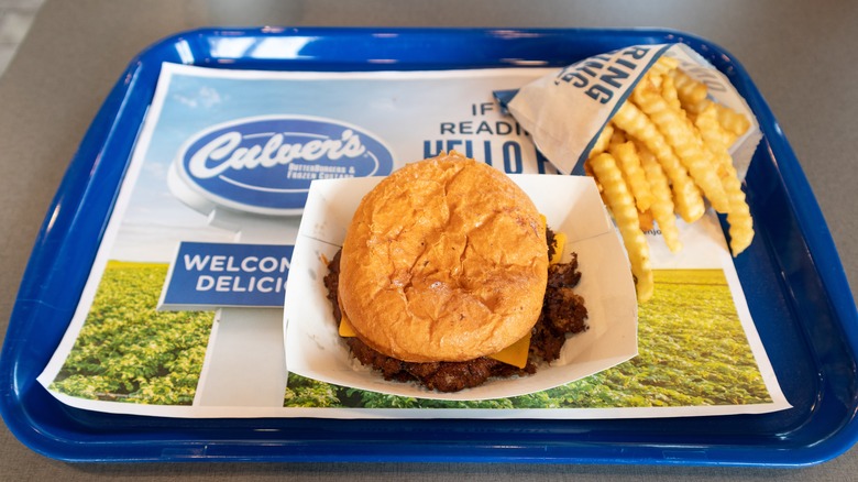 Tray with burger and fries at Culver's.