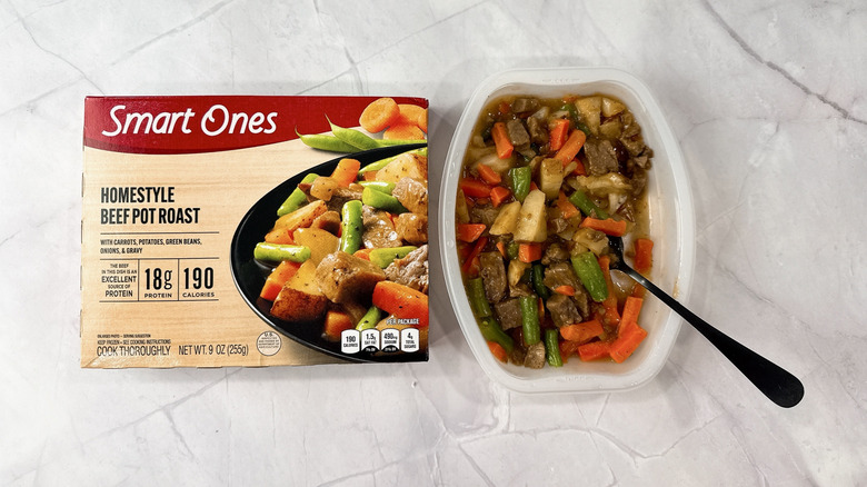 Tray of Smart Ones Homestyle Beef Pot Roast next to box