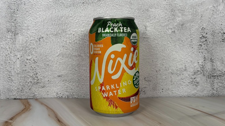 A can of Peach Black Tea Nixie sparkling water