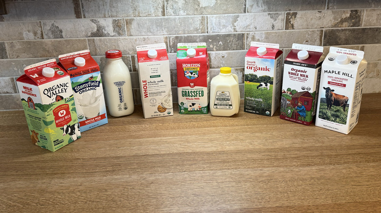Nine different cartons and containers of organic milk brands arranged on a countertop