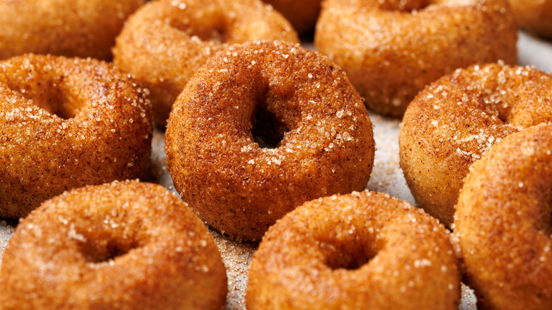 Close up on a bunch of mini cinnamon sugar donuts