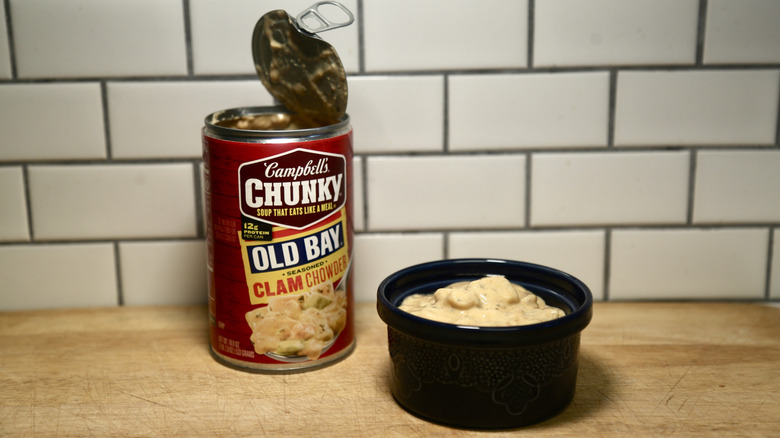 can of Campbell's Chunky Old Bay-Seasoned Clam Chowder with bowl