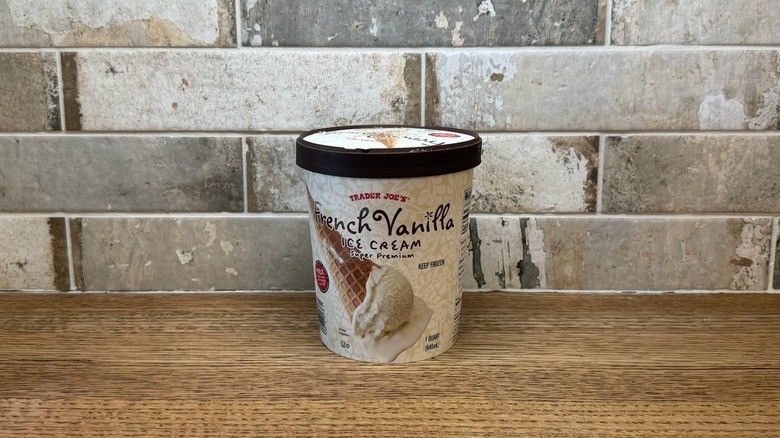 Trader Joe's French Vanilla ice cream on wooden counter