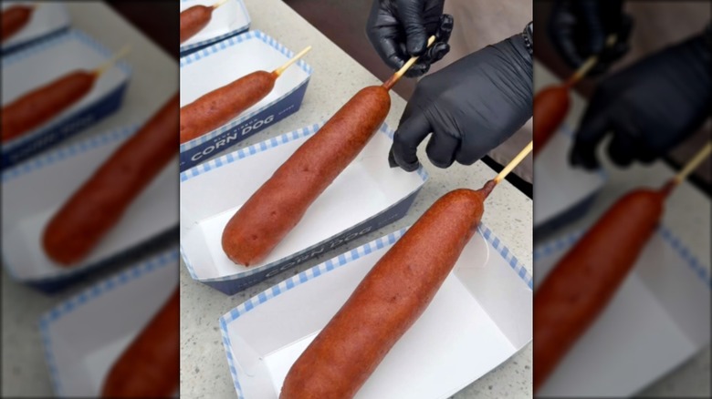 Hand-dipped corn dog orders being prepared at Downtown Disney