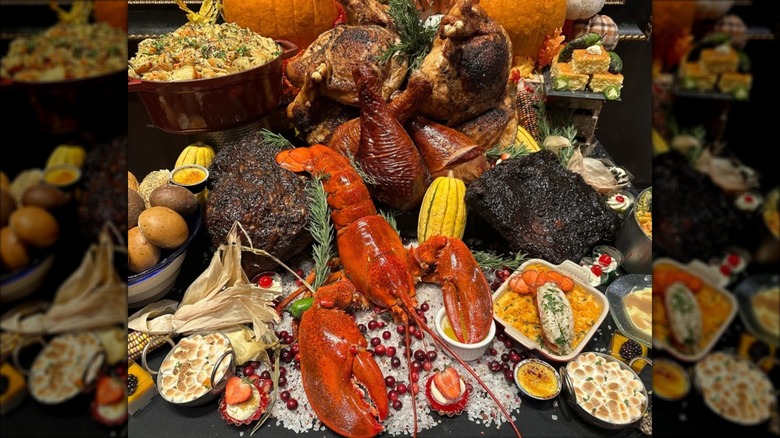 Assorted foods including lobster, turkey, and side dishes