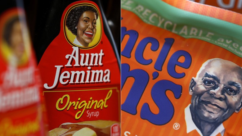 Split image of packing and logos from Aunt Jemima and Uncle Ben's