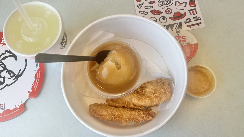 KFC chicken tenders and mashed potatoes
