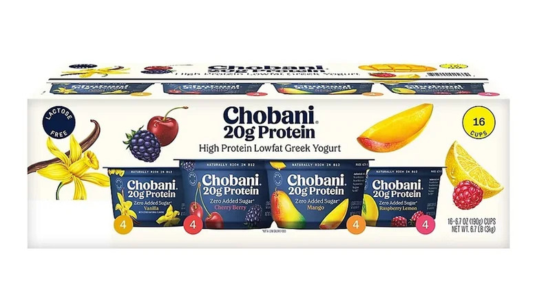 A 16-count variety pack of Chobani 20g Protein yogurt