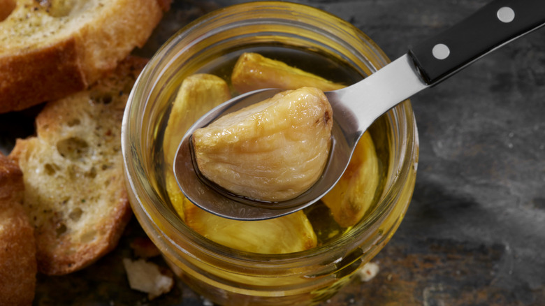 Close-up of homemade garlic confit