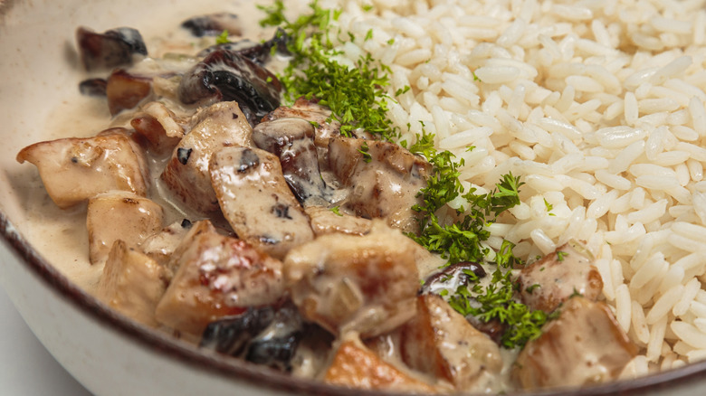 Close-up of chicken fricassee with parsley and rice