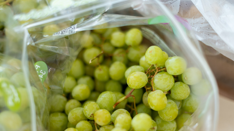 green grapes in ventilated bag view from above