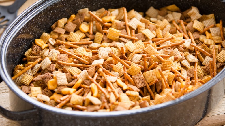 Close-up of Chex Mix in a pot