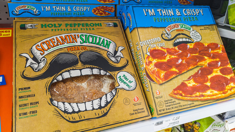 Boxes of Screamin' Sicilian frozen pizzas