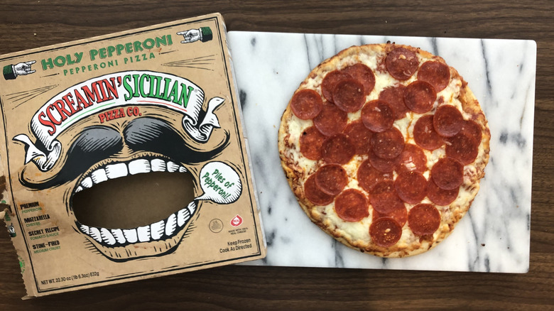 A box of Screamin' Sicilian's Holy Pepperoni pizza