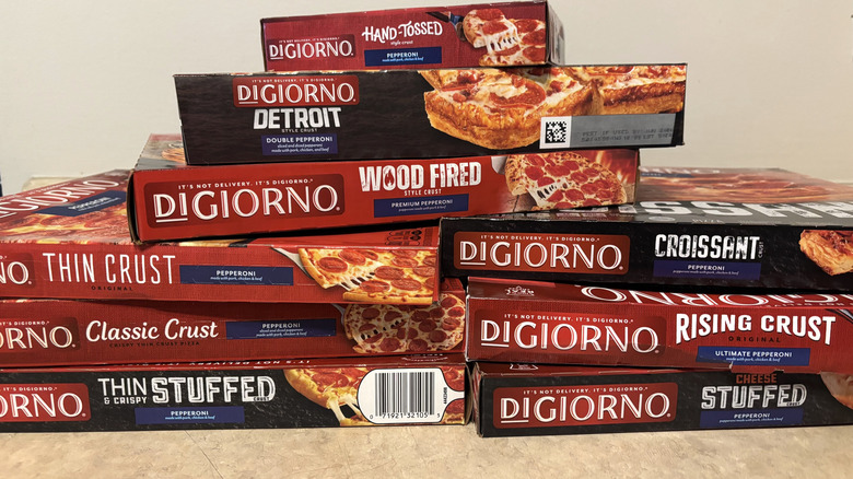 DiGiorno frozen pizza boxes in a stack