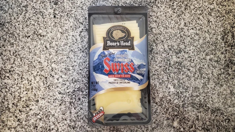 Boar's Head imported Switzerland Swiss cheese on a granite counter