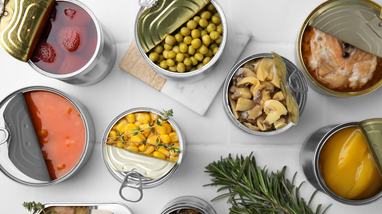 Collection of canned fruits, vegetables, and fish