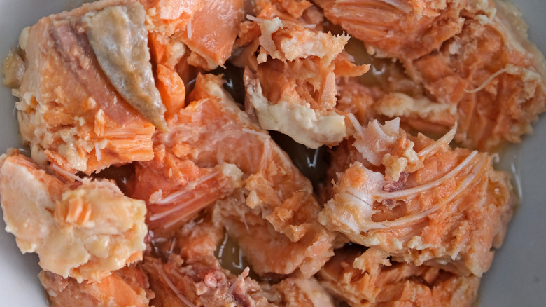 Bowl of canned salmon with the bones