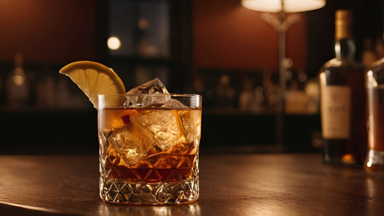 A classic Old Fashioned cocktail on a dimly lit bar counter, featuring whiskey, ice cubes, and a lemon wedge garnish