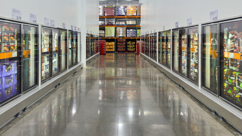 Costco frozen foods aisle that leads to a stocked wall in the back